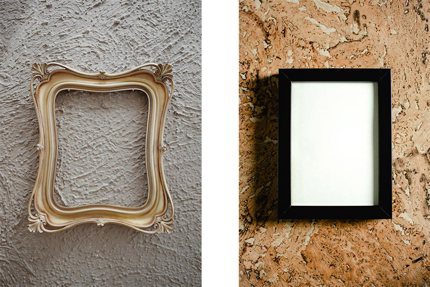 Two pictures of an empty frame on a wall.