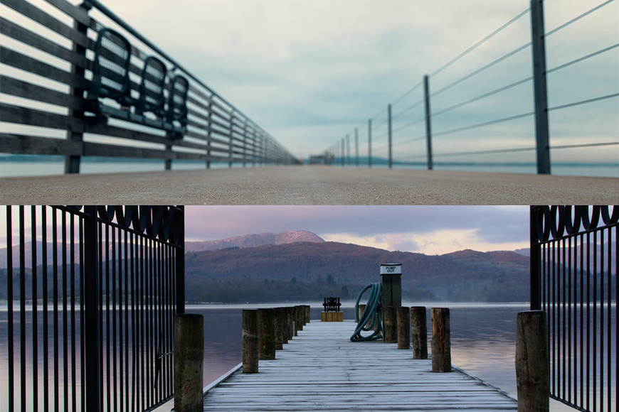 Two pictures of a pier and a lake.