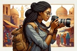 An illustration of a woman holding a camera.