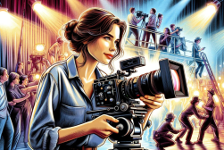 A woman holding a camera in front of a crowd.