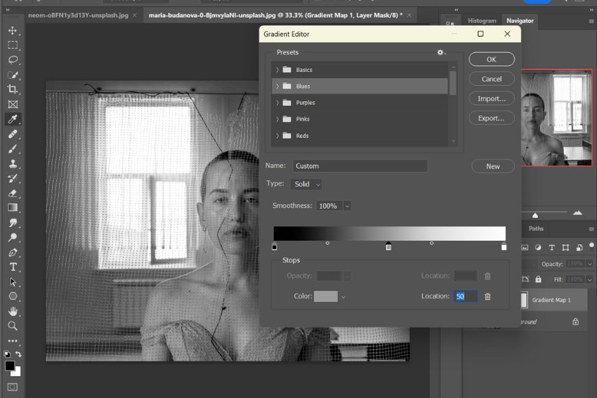 A photo of a woman in adobe photoshop.