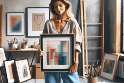 A woman holding a framed picture in her art studio.