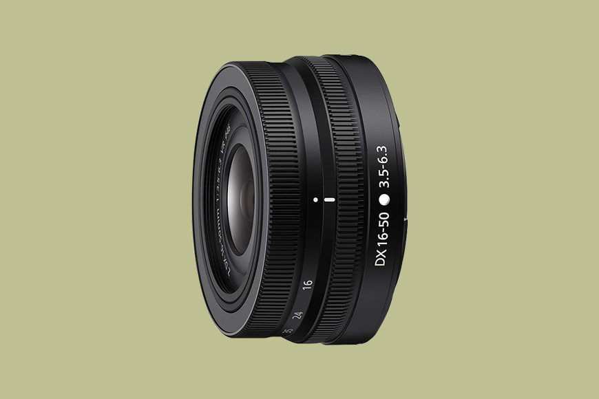 A camera lens with a white text.