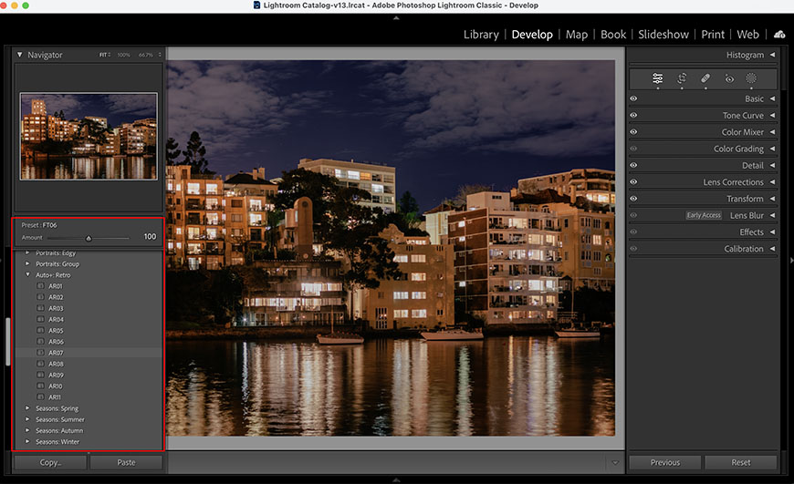 A photo of a city in lightroom.