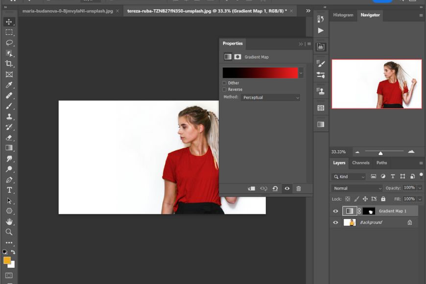 A photo of a woman in a red shirt in adobe photoshop.