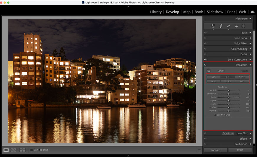 A photo of a city at night in lightroom.