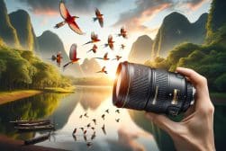 A hand holding a camera with birds flying around it.