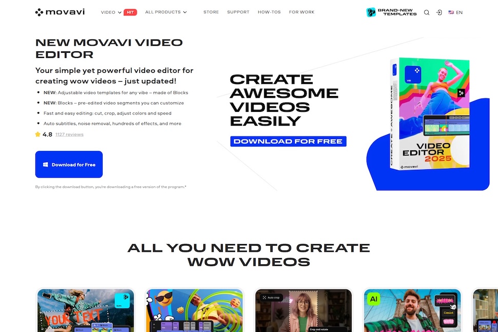 Movavi Video Editor 2025 landing page featuring product information, download buttons, and a preview of the software interface.