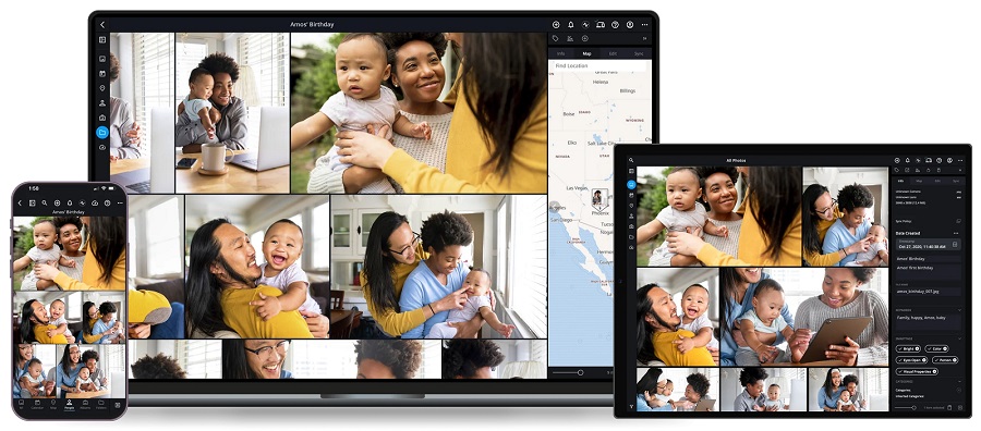 A laptop, tablet, and phone are displaying photos of a family.