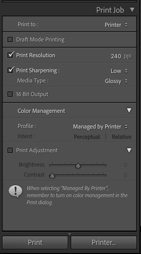 A screen shot of the print job settings in lightroom.