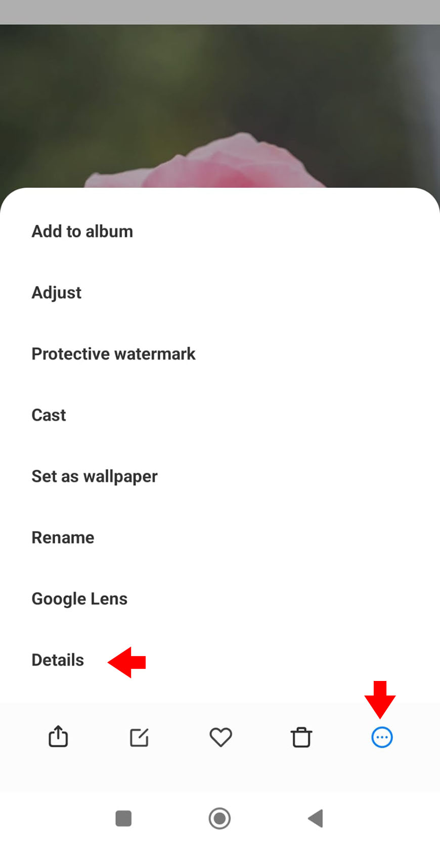 Smartphone screenshot showing a photo viewer app interface with options for image management, such as adding to an album and accessing google lens, highlighted by two red arrows pointing to 'google lens' and 'details.