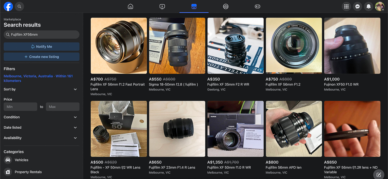 A webpage displaying various listings for second-hand camera lenses, with images showing different models and conditions from multiple sellers.