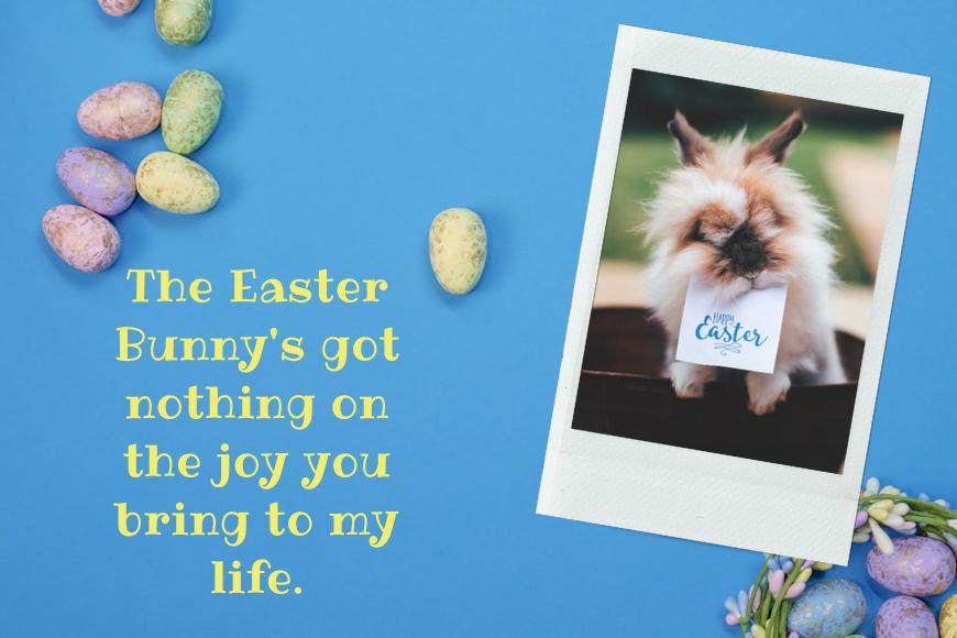 A printed photograph of a rabbit with a festive easter message, surrounded by colorful easter eggs on a blue background.