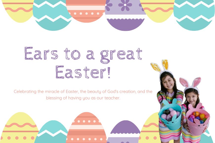 Easter celebration with themed decorations and two smiling individuals wearing bunny ears.