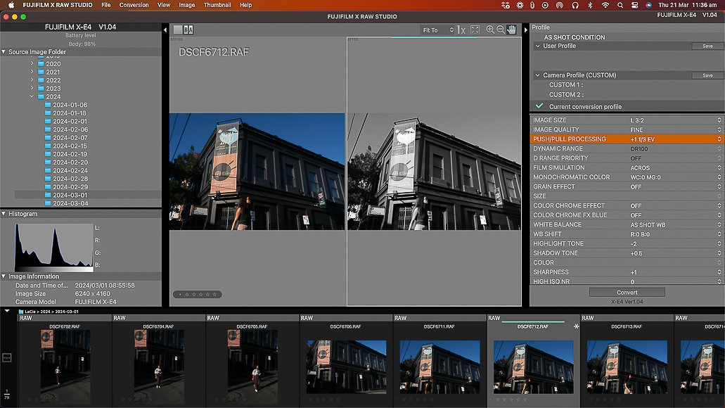 Screenshot of fujifilm x raw studio software displaying the interface for editing and converting raw images.