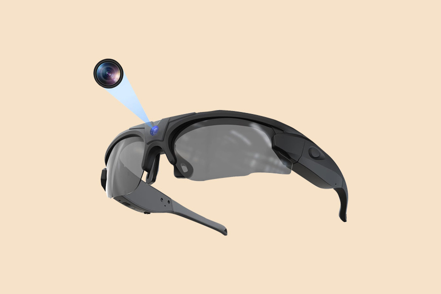Augmented reality smart glasses projecting a holographic interface.