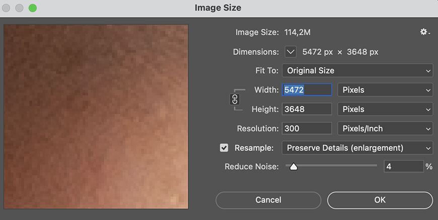 A screenshot displaying an image editing software's dialog box for resizing an image, with dimensions set to 5472x3648 pixels and a resolution of 300 pixels/inch.