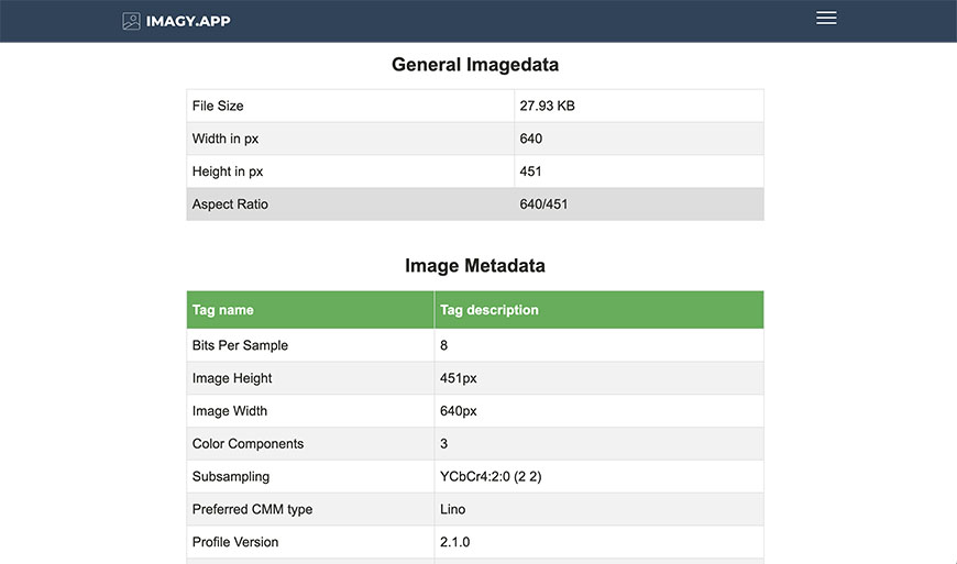 Interface of an image metadata viewing application showing details like file size, dimensions, and color information.