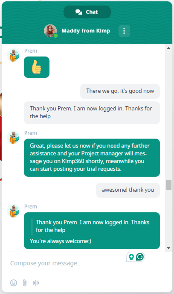 A screenshot of a messaging app featuring a conversation where a user named maddy from kimp thanks another user, prem, for assistance with logging in and further offers help with project management on kimp360.