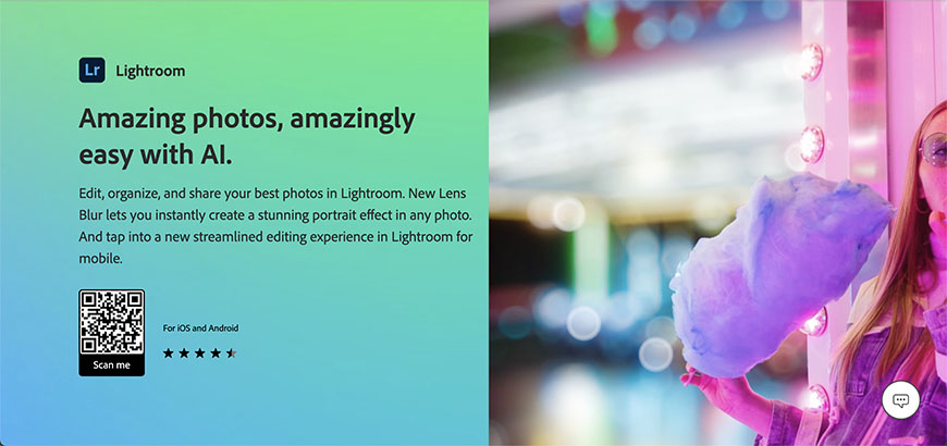 Woman holding cotton candy while a lightroom advertisement highlights ai features in the background.