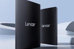 Portable lexar solid-state drives in a sleek black design showcased against a modern, minimalist background.
