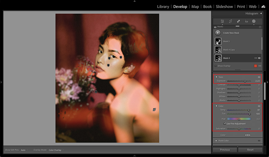 A screenshot of a photo editing software interface with a portrait being adjusted for color and exposure.