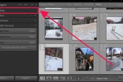 A photo in lightroom with the arrow pointing to a snowy scene.