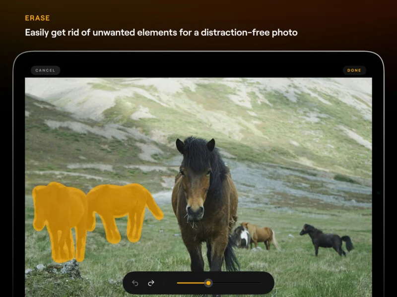 A screenshot of a photo editing app in use, showcasing a feature to erase unwanted elements from an image, with a focus on a horse photo where parts of the image are highlighted for removal.