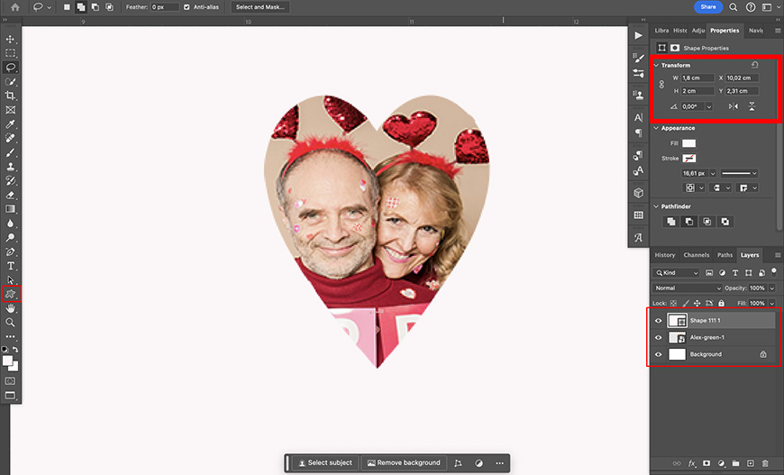 Smiling couple in a heart-shaped frame on a photo editing software interface.