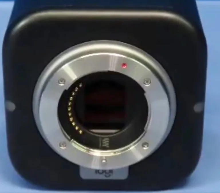 Digital camera sensor and lens mount without a lens attached.