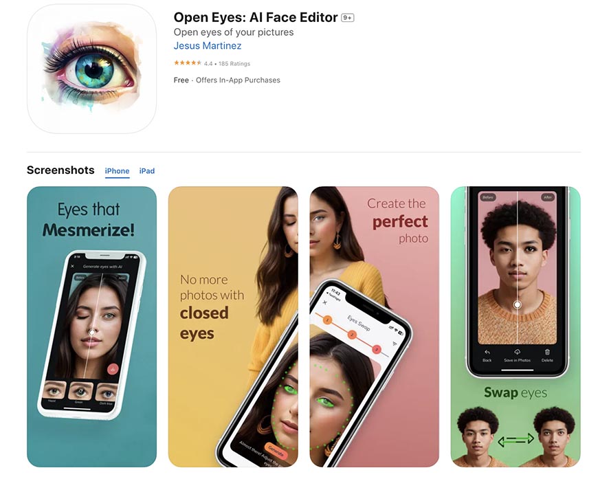 App store listing for "eyes mesmerize", an app offering features to edit eyes in photos, showcasing the ability to open closed eyes and swap eye styles in various images.
