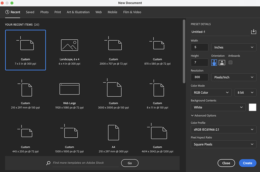 Screenshot of adobe photoshop's "new document" dialog box with various preset options for creating a new graphic file.