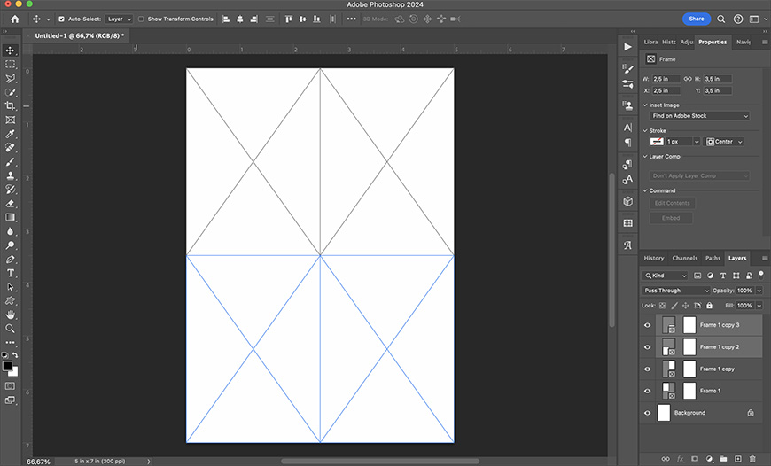 A screenshot of adobe photoshop interface showing a geometric design with blue lines on a white canvas.
