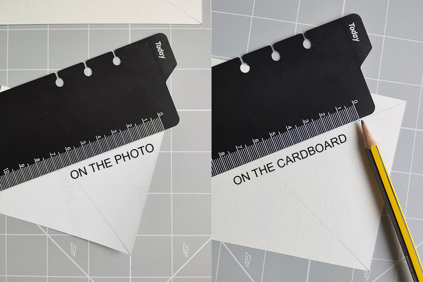 Two images comparing the measurement of printed objects on photo versus on cardboard, with a ruler for scale and a pencil indicating the starting point of measurement.