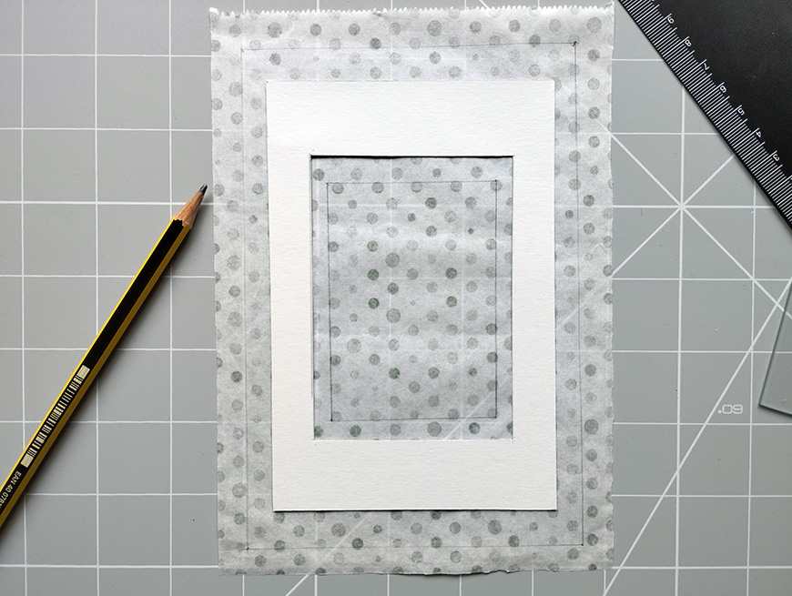 A watercolor painting surrounded by masking tape on a cutting mat with a pencil and ruler nearby.
