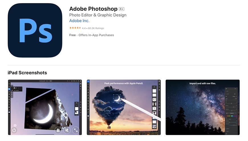 Adobe photoshop mobile app description on an app store, showcasing its rating and ipad screenshots of the app in use.
