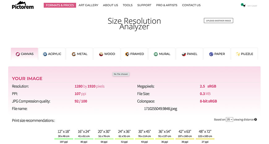Webpage interface of an online size resolution analyzer tool showing details about an uploaded image, including resolution, file size, and print size recommendations.