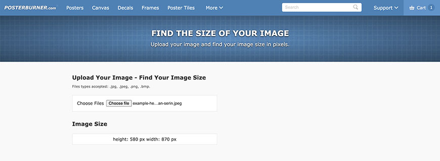 Webpage interface for uploading an image to determine its size in pixels, featuring an "upload your image - find your image size" tool.