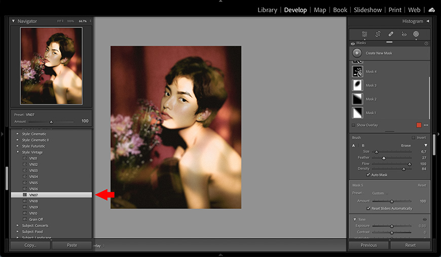 A screenshot of photo editing software interface with a portrait of a woman being adjusted for color and exposure.