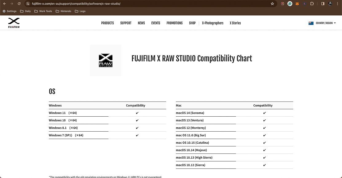 Compatibility chart for fujifilm x raw studio software with various windows and macos operating systems.