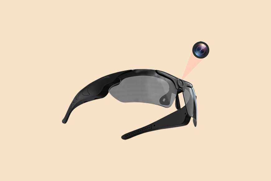 Sports sunglasses equipped with an integrated camera.