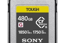 Sony tough cfexpress type b memory card with 480 gb capacity and read/write speeds of 1850/1750 mb/s.