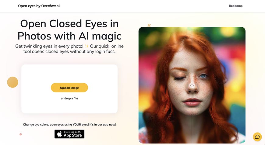 A website promoting an ai tool that opens closed eyes in photos, featuring a before and after comparison of a woman with initially closed eyes and then with eyes opened by the software.