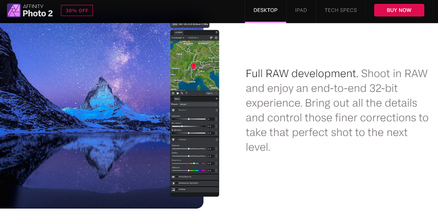 Screenshot of the affinity photo editing software interface showing a feature for full raw image development with a breathtaking mountainous landscape and starry sky image being edited.