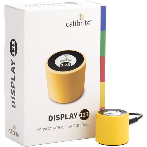 A calibrite display 123 color calibration device with its packaging.
