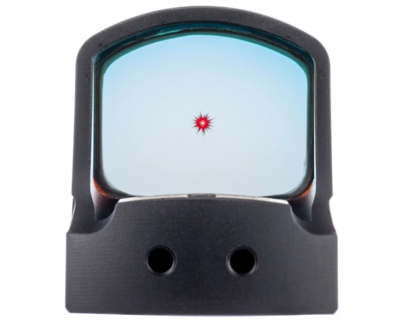 Red dot sight with illuminated reticle for precise aiming.