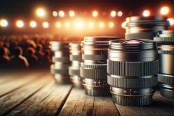 Camera lenses lined up with a blurred audience and stage lights in the background.