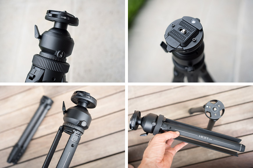 A collage of four images displaying different components of a black tripod, including the ball head, quick release plate, folded legs, and leg adjusters.