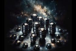 A collection of camera lenses arranged in an arc pattern on a backdrop of a starry galaxy.