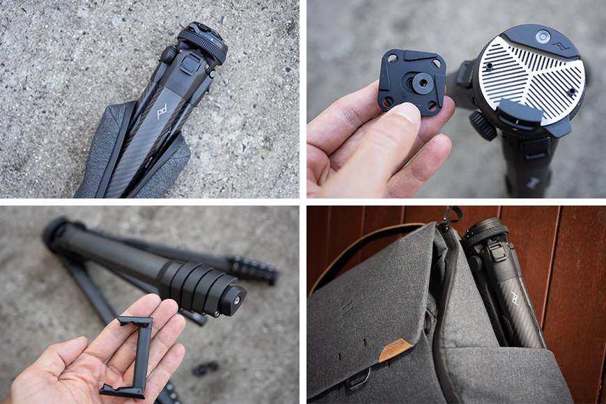 Four images showcasing various features and accessories of a collapsible tripod: one image displays the tripod folded, another focuses on a hand holding a mounting plate, a third shows a close-up of the tripod's.